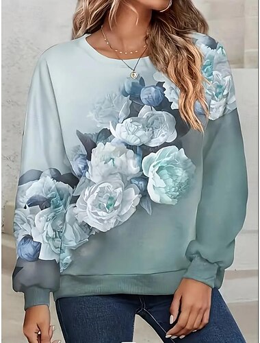  Damen-Sweatshirt mit Blumenmuster, für den Alltag, Ausgehen, lässig, Rundhalsausschnitt, lange Ärmel, mikroelastisch, Frühling/Herbst&amp;Winterkomfort, atmungsaktives, weiches Gewebe