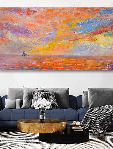  pintura a óleo artesanal lona arte de parede decoração moderna mar derretido no céu pôr do sol nuvens paisagem para sala de estar decoração de casa pintura enrolada sem moldura e não esticada