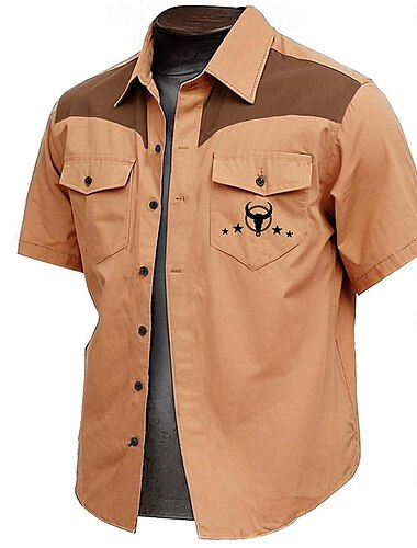  Men's Cow Print Work Shirt Western Shirt Cargo Shirt Short Sleeve Vintage Casual Western Style Sports & Outdoor Going out Summer Spring Turndown Print Brown Green Khaki