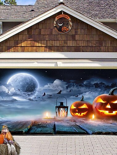  Halloween-Türdekorationen für draußen, Halloween-Garagentorabdeckung, Kürbisse, Skelette, Banner, Geisterfriedhof, große Weihnachtskulisse, Dekoration für den Urlaub, Garagentor für draußen,