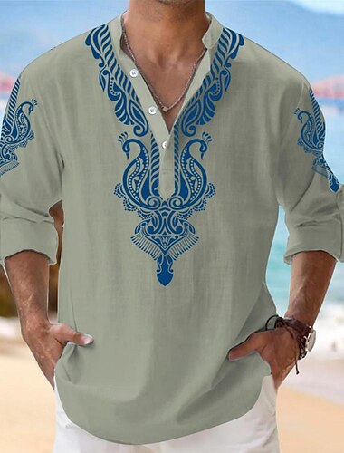  Herren Hemd Knopfhemd Henley Shirt Langarm Stamm Modisch lässig Urlaub Normal Casual Sommer Frühling & Herbst Mandarinkragen Stehkragen Knopf Bedruckt Weiß Blau Grün