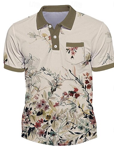  Blumen Vintage Sportbekleidung Brautkleider schlicht Herren Poloshirt Waffel-Poloshirt Kurzarm Outdoor Karriere/ Zeremonie / Hochzeit Urlaub Sommer 3D Bedruckt Umlegekragen Khaki Mikro-elastisch