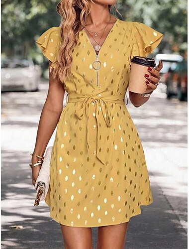  Damen Freizeitkleid Polka Dot Reißverschluss Print V-Ausschnitt Minikleid Stilvoll Casual Täglich Date Kurzarm Sommer