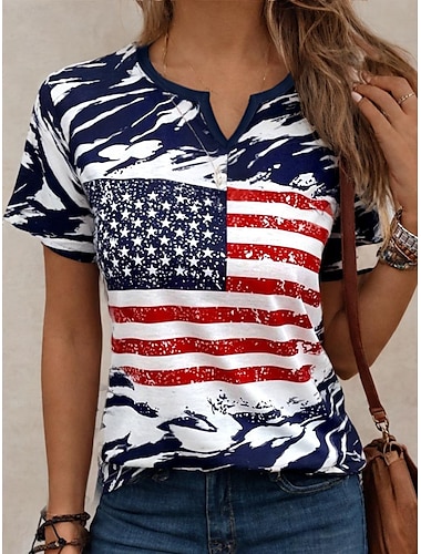  Independensdagen Kvinnors Patriotiska Fjärde Juli T-shirt Amerikansk Flagga Camo Tryck Röd Vit Och Blå Kortärmad V-ringad Knappdetalj Casual Sommar Top Regular Plus Size Kläder Utrustning