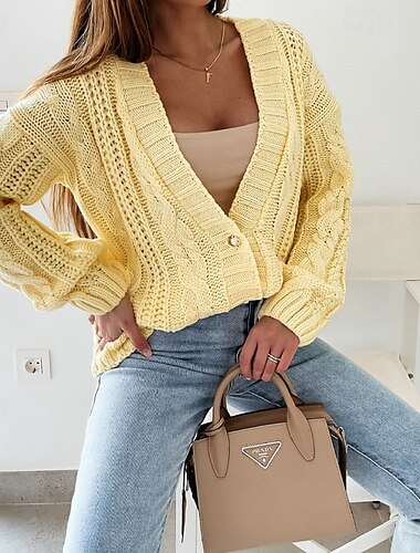 Damen Strickjacke Elegant Brautkleider schlicht Feste Farbe Gedrehtes V Ausschnitt Knopf Langarm Normale Oberteile Stricken Täglich Weiß Gelb Frühling Herbst
