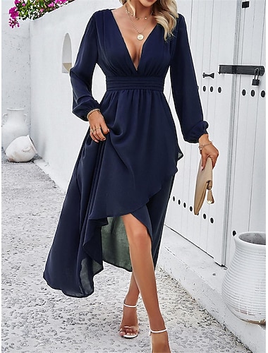  Damen Casual kleid Maxidress plus hoch niedrig Rüschensaum Arbeit Verabredung Elegant Maxi V Ausschnitt Langarm Schwarz Rote Marineblau Farbe