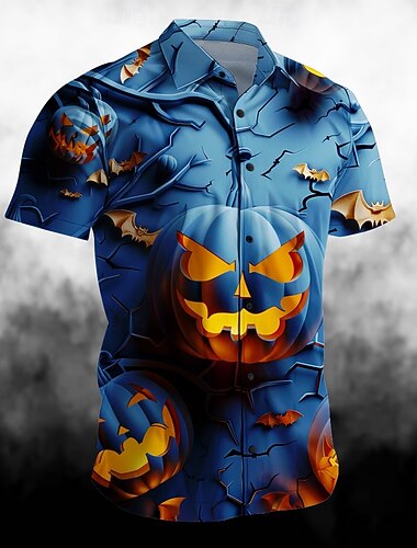  Halloween Zucca Smorfia Informale Scuro Per uomo Camicia Camicia con bottoni Manica corta Da sera Estate Collo ripiegabile Camicie con colletto Abbottonare Stampa 3D Sottile Blu Viola Poliestere