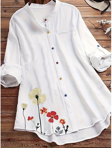  Damen Übergröße Bluse Blume Lässig Langarm Hemdkragen Normale Oberteile Täglich Druck Weiß Ganzjahres
