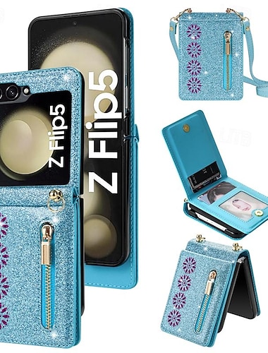  Handy Hülle Handyhüllen Für Samsung Galaxy Z Flip 7 Z Flip 6 Z Flip 5 Z Flip 4 Z Flip 3 Flip-Cover Reisverschluss mit Trageriemen Bling Glitzer glänzend Retro PC PU-Leder