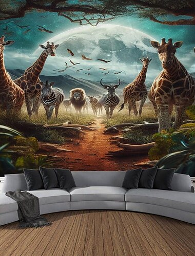  Afrikanische Safari Wildtiere Wandteppich Wanddekoration große Wandteppich Wanddeko Foto Kulisse Decke Vorhang Home Schlafzimmer Wohnzimmer Dekoration