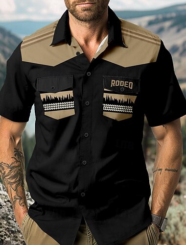  Herren Südwestlicher Druck Hemd Westernhemd Cowboy-Shirt Kurzarm westlicher Stil Outdoor Party Sommer Frühling Hemdkragen Schwarz Blau Khaki