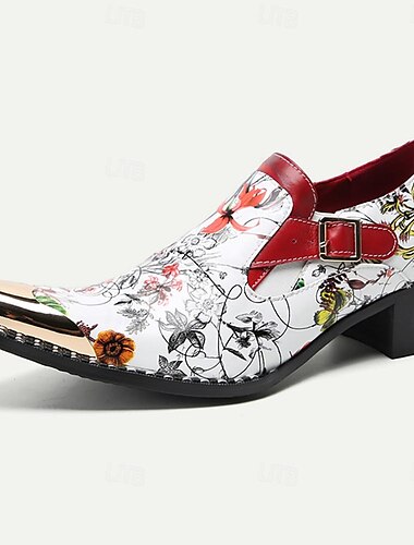  Herrenschuhe aus Leder mit Blumenmuster – Slipper aus hochwertigem Rindsleder mit Schnalle und Zehenkappe aus Metall