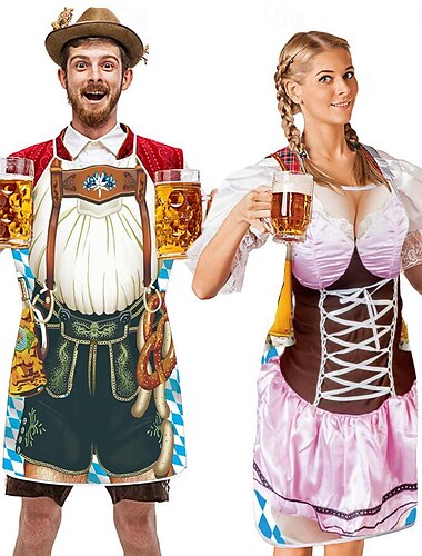  זוגות 2 יחידות סינר בירה אוקטוברפסט dirndl trachtenkleider הדפסים מצחיק תחפושת אוקטוברפסט תלבושות בוואריות זוגיות בסגנון מסורתי wiesn קרנבל בד סינר ליל כל הקדושים קרנבל