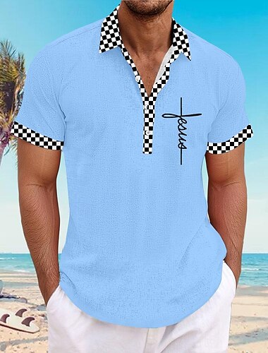  A quadri Fede Hawaiano Ricorrere Per uomo Camicia Henley Manica corta Feste Esterno Cerimonia Estate Primavera Autunno Collo ripiegabile Bianco Vino Blu Grigio Poliestere