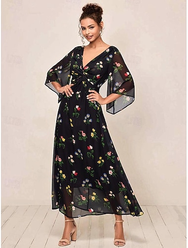  Dames Maxi-jurk A lijn jurk Elegant Stijlvol Uitlopende mouw Bruiloft gast Dagelijks Cocktailparty Normale pasvorm Bloemig 3/4 mouw V-hals Zwart Zomer Herfst