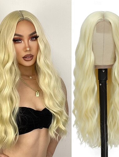  Peruka Blond - Długie Falowane Peruki Blond dla Kobiet z Środkowym Przedziałkiem Brak Koronki 66 cm Naturalna Kręcona Peruka Syntetyczna Odporny na Ciepło Peruki do Codziennego Użytku na Przyjęcia