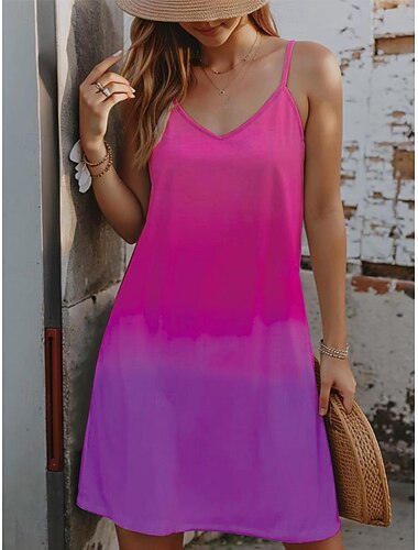 Dames Mini Jurk Petite Jurk Zomerjurk Slip Jurk Tropisch Hawaïaans Sexy Vakantie Strand Zwemmen Reguliere Pasvorm Ombre Kleur Gradiënt Mouwloos V Hal Spaghetti Band Blauw