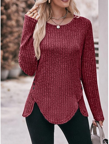  Damen Bluse Feste Farbe Glatt Stilvoll Modern Langarm Rundhalsausschnitt Arbeit Knopf Asymmetrischer Saum Rote Staubiges Blau Khaki Grau Frühling Herbst Winter