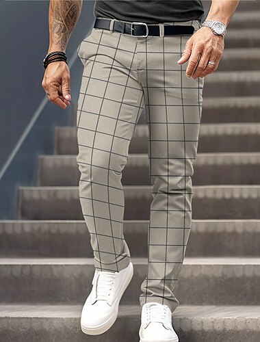  Herren Karomuster Anzughose Mittlere Taille Business-Casual Formell Alltagskleidung Reißverschluss Tasche Sommer Frühling Herbst 3D-Druck Braun Grau