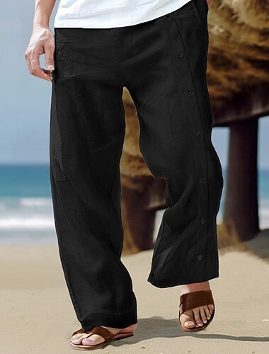  Herren Leinenhose Hose Hosen Sommerhosen Gespleisst Gerade geschnitten Glatt Komfort Atmungsaktiv In voller Länge Casual Täglich Festtage Modisch Basic Schwarz Weiß Mikro-elastisch