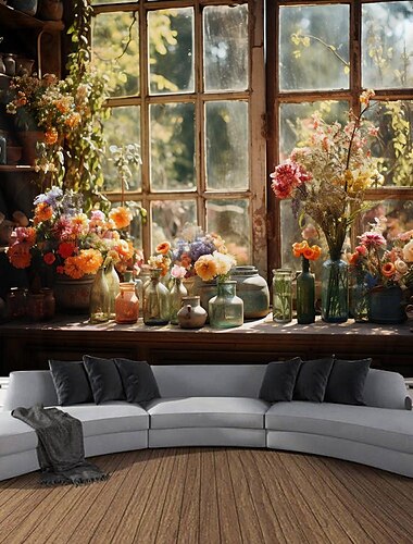  bloemen op raam muur opknoping tapijt kunst aan de muur groot tapijt muurschildering decor foto achtergrond deken gordijn thuis slaapkamer woonkamer decoratie