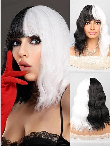  Synthetische Perücke hüpfende Locken ordentliche Pony-Perücke 14 Zoll schwarz/gold synthetisches Haar Frauen mehrfarbige Halloween-Perücken