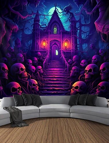  Halloween Decorations Haunted Castle Blacklight Tapestry UV Reactive Glow in the Dark Misty Hanging Tapestry Wall Art Mural for Living Room Bedroom