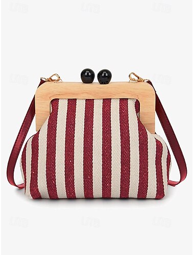  Umhängetasche aus gestreiftem Canvas für Damen – kleine Schultertasche mit Retro-Holzrahmen und verstellbarem Riemen – Schwarz und Beige, ideal für Freizeitausflüge und Reisen