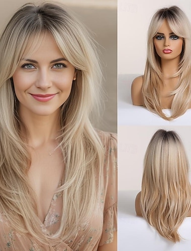  Ombre Blonde Bruin Wijnrood Peruc met Pony Natuurlijke Middellange Rechte Perukken voor Vrouwen Hittebestendige Vezel Synthetische Perukken voor Dagelijkse Cosplay Halloween Perücken
