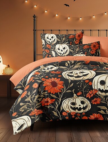  Halloween-Bettbezug-Set – Blumen- und Kürbismuster für ein gemütliches Feiertagsgefühl – enthält Bettbezug und Kissenbezüge – weicher und bequemer Stoff