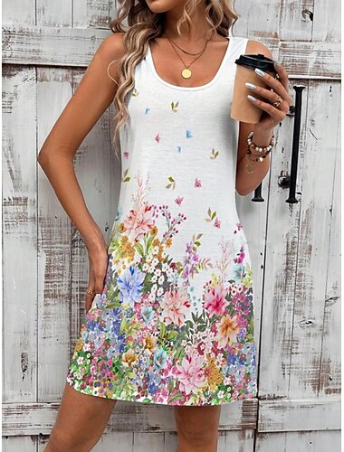  Abito Mini Donna Vestito Petite Vestito Da Sole Abito Tank Abito Estivo Carino Casual Vacanza Quotidiano Holiday Fit Largo Floreale Senza Maniche Collo a Giro Bianco Estate