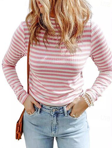  Damen T Shirt Gestreift Modisch Langarm Stehkragen Normale Oberteile Urlaub Täglich Bedruckt Schwarz Gelb Rosa Orange Herbst Winter
