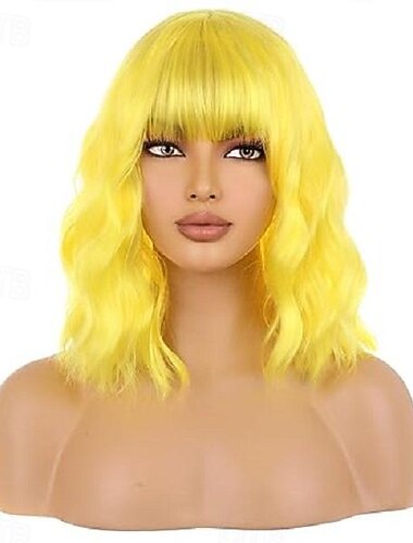  Pruik Korte Bob Pruik Korte Blauwe Pruiken voor Vrouwen Kruidige Golvende Pruik met Lucht Vleugels Hitte Bestendige Synthetische Haar Pruiken voor Dagelijks Gebruik Halloween Cosplay Feestpruiken