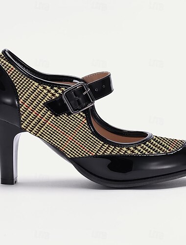  Damen Absätze Retro Mary Jane Arbeit Täglich Plaid Schnalle Stöckelabsatz Runde Zehe Elegant Vintage Adrett PU Stoff Schnalle Schwarz / weiss Schwarz / Rot Schwarz / Gelb
