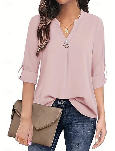  Femme Chemisier Hauts habillés Couleur unie Plein Elégant Manche Courte Col cranté Travail Perlé Noir Blanche Rose Claire Bleu Eté Printemps Automne