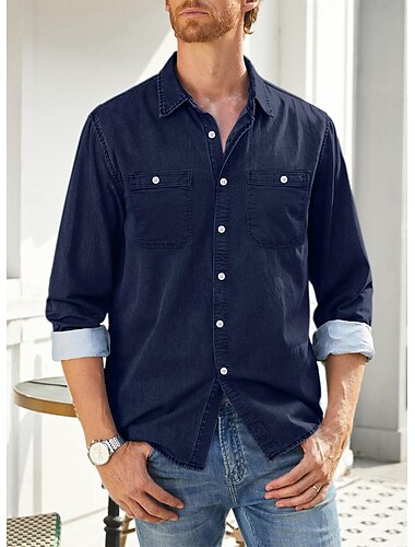  Herren Hemd Chambray-Hemd Calico-Hemd Knopfhemd Lässiges Hemd Jeanshemd Denim Blue Schwarz Dunkelmarine Leicht Blau Langarm Glatt Kragen Täglich Urlaub Bekleidung Denim Modisch Brautkleider schlicht