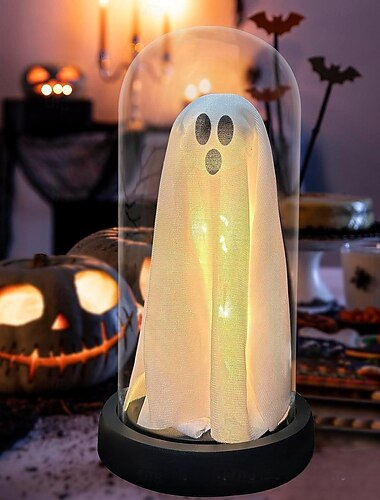  Fantasma illuminato di Halloween in cloche di vetro Fantasma carino con luce per la casa, la cucina, il camino, il tavolo, le decorazioni per le feste, le decorazioni natalizie