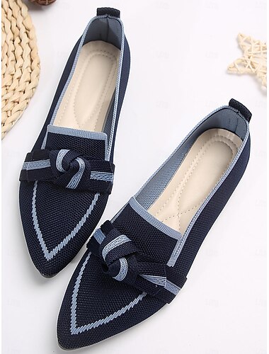  sapatilhas femininas de malha azul com bico fino e laço – mocassins confortáveis para uso casual e diário