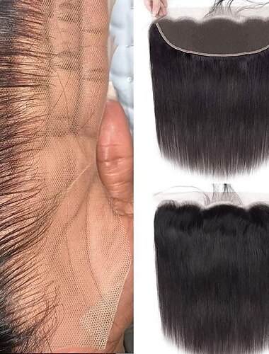  Cierre frontal de encaje 13x4, parte libre de oreja a oreja, cierre de encaje, extensión de cabello humano frontal recto sedoso brasileño, cierre frontal predesplumado, color negro natural de 10-20