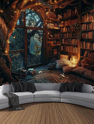  droomhuis hangend tapijt kunst aan de muur groot tapijt muurschildering decor foto achtergrond deken gordijn thuis slaapkamer woonkamer decoratie venster uitzicht boekenplank cottagecore