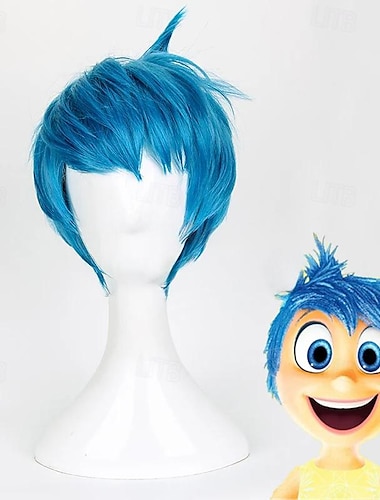  Peluca de película Inside Out Joy, pelucas de disfraz de cosplay de pelo azul corto resistente al calor