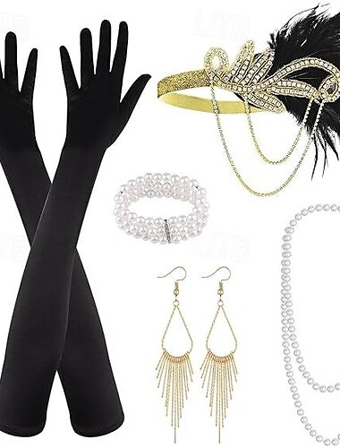  Vintage 1920er Der große Gatsby Flapper-Stirnband Zubehörset Halskette Ohrringe Charleston Hochzeitsgast Feder Mode Damen Maskerade Hochzeitsempfang Junggesellinnenabschiedsparty Festival Erwachsene