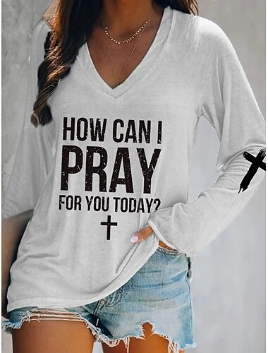  Women's T Shirt Geometric Letter Fashion Long Sleeve V Neck Regular Tops Daily Weekend Print Black White Blue Brown Spring &  Fall