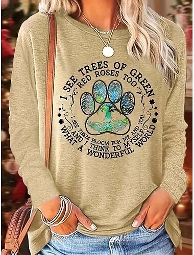  Femme T shirt Chat Lettre Mode Décontractées manche longue Col Rond Hauts réguliers du quotidien Fin de semaine Imprimer Kaki Printemps & Automne Printemps, Août, Hiver, Eté