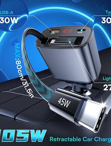  einziehbarer Autoladeadapter mit Typ-C-Kabel Lightning 2 USB-Anschlüsse Autoadapter mit Spannungsanzeige PD 45 W