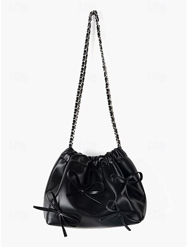  Damen Schultertasche Beuteltasche PU-Leder Ferien Strand Reise Schleife Kette Großes Fassungsvermögen Leicht Mehrfach tragbar Einfarbig Schwarz Rot Blau