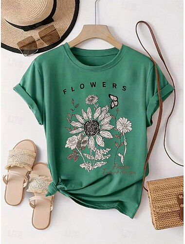  Women's T Shirt Sunflower Daisy Letter Fashion Basic Short Sleeve Crew Neck Regular Tops Daily Weekend Print Pink Green Khaki Summer
