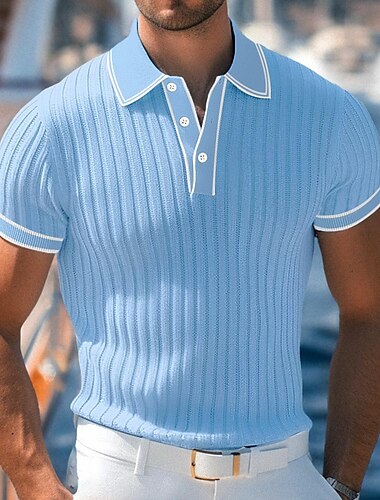  Herr POLO Shirt Golftröja Arbete Ledigt Kavajslag Ribbstickad polokrage Kortärmad Grundläggande Modern Färgblock Lappverk Knapp Vår & sommar Normal Ljusblå Vit Vinröd Marinblå Grå POLO Shirt