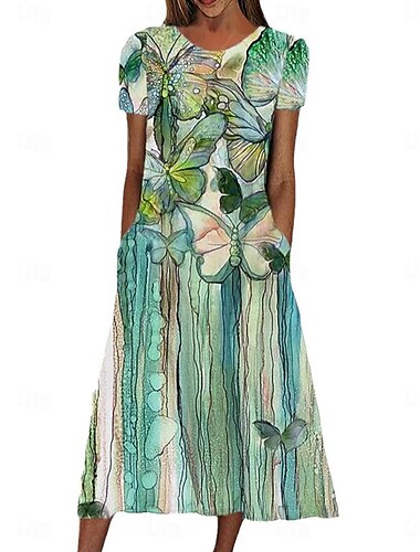  γυναικείο casual φόρεμα floral print crew λαιμό midi φόρεμα κομψό έθνικ ραντεβού διακοπές καλοκαίρι άνοιξη