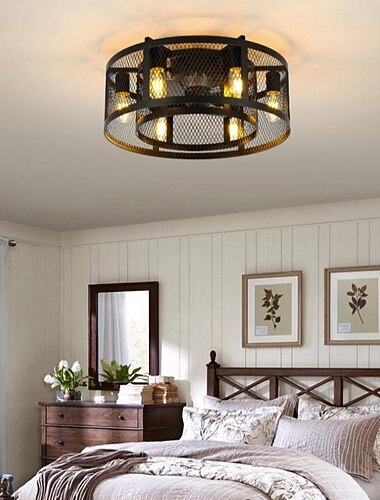  Ventilateur de plafond LED 53 cm 6 lumières avec télécommande ventilateur silencieux plafonnier rétro ventilateur industriel suspension en métal vintage cage ventilateur plafonnier pour chambre salon